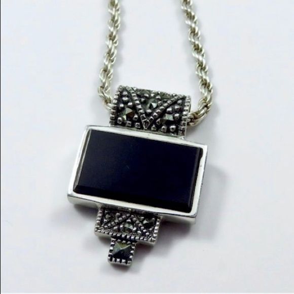 Onyx Marcasite Sterling Silver VTG Necklace